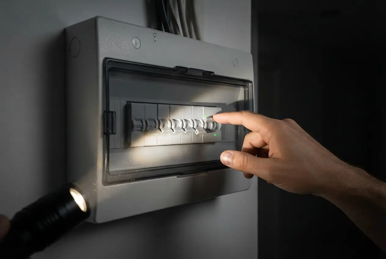 Cuadro eléctrico de una vivienda con una mano comprobando los interruptores a la luz de una linterna