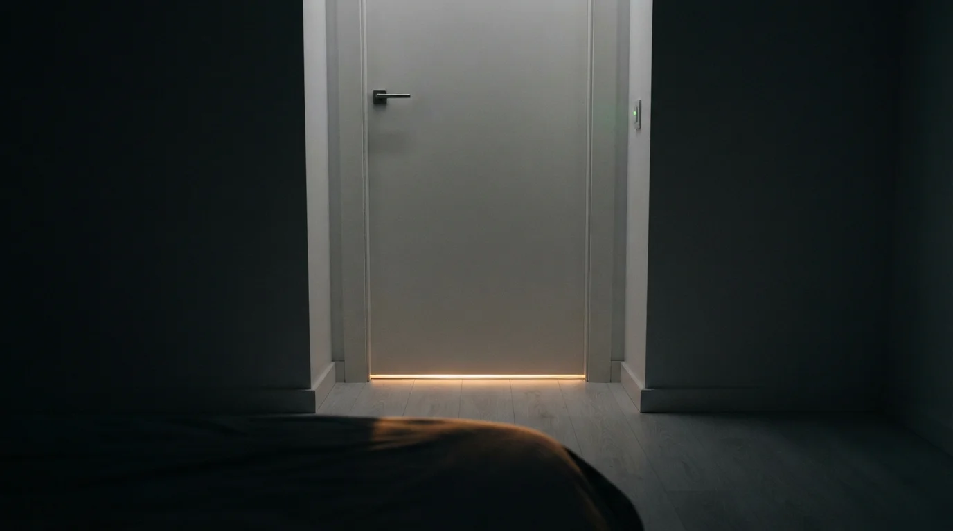 Puerta de dormitorio cerrada de noche con una línea de luz por debajo desde el pasillo