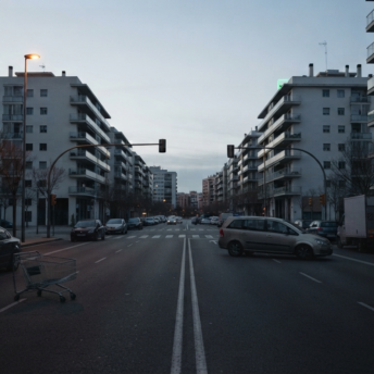 Avenida de una ciudad mediterránea vacía al amanecer durante un corte de suministro general