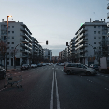Avenida de una ciudad mediterránea vacía al amanecer durante un corte de suministro general