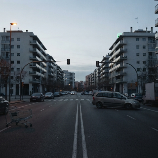 Avenida de una ciudad mediterránea vacía al amanecer durante un corte de suministro general