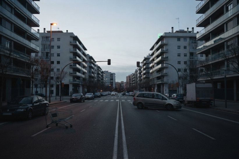 Avenida de una ciudad mediterránea vacía al amanecer durante un corte de suministro general