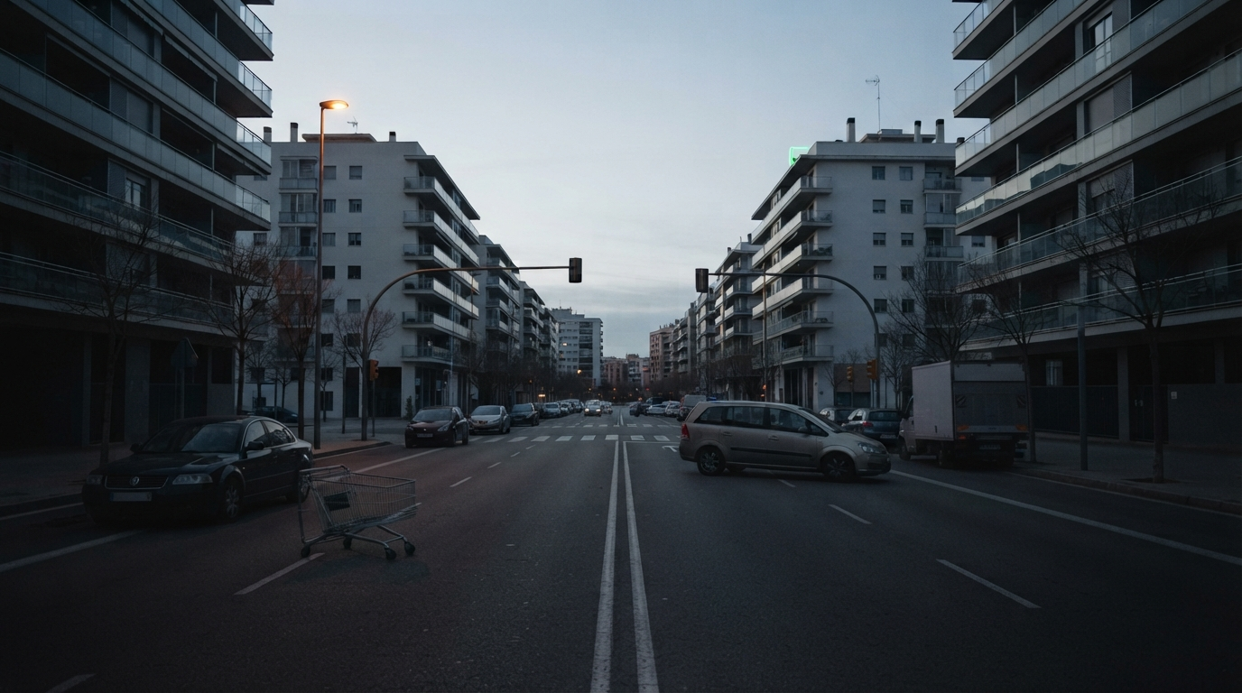 Avenida de una ciudad mediterránea vacía al amanecer durante un corte de suministro general