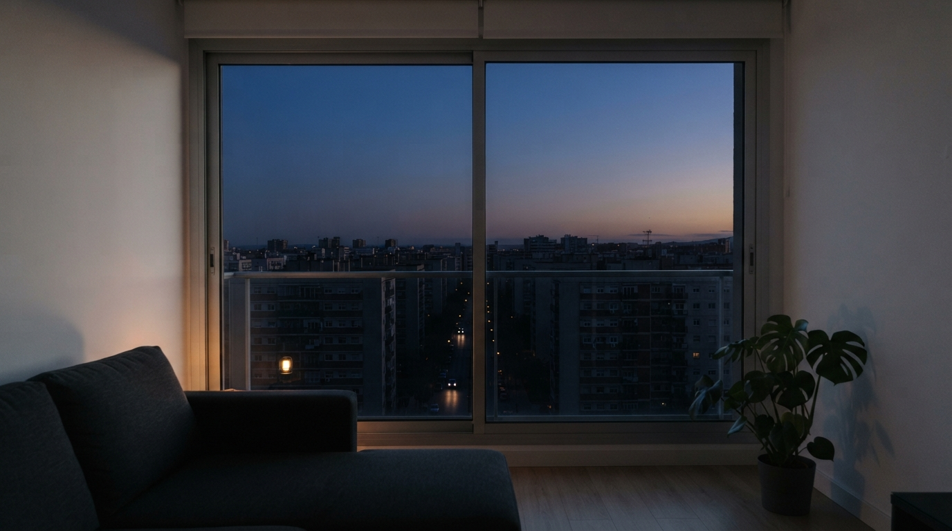 Ventana de un piso español con la ciudad completamente a oscuras durante un apagón