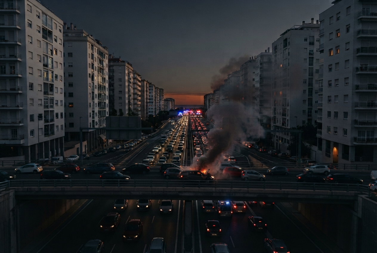 Salida de una ciudad al atardecer con una fila de coches parados en la autovía