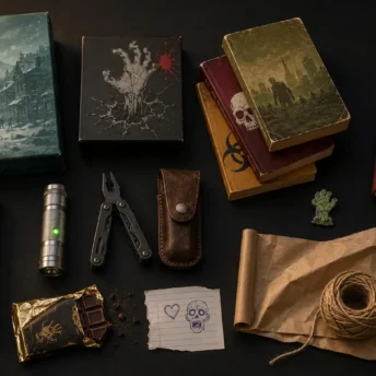 Regalos para fans de los zombies: juegos de mesa, cómics, libros y una figura sobre una mesa