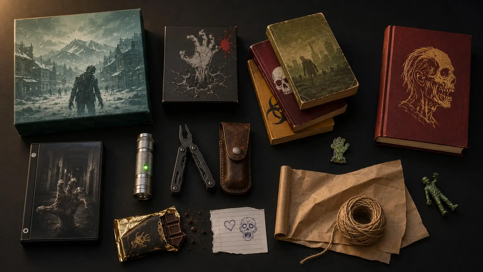 Regalos para fans de los zombies: juegos de mesa, cómics, libros y una figura sobre una mesa