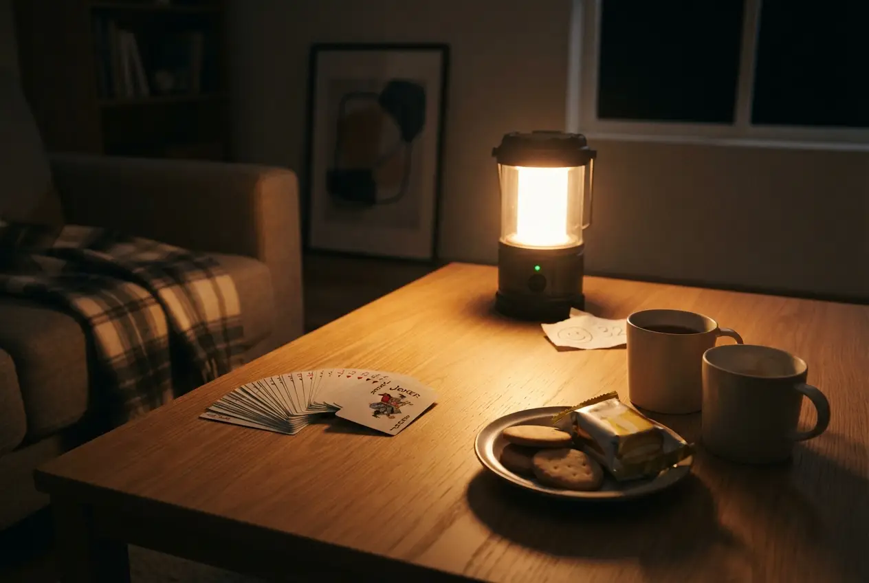 Mesa de salón con una baraja, galletas y un farol encendido durante una noche sin luz