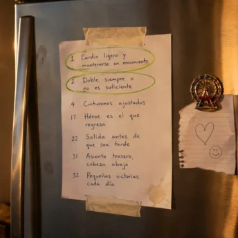 Cartel de reglas escrito a mano y pegado con cinta en la puerta de una nevera