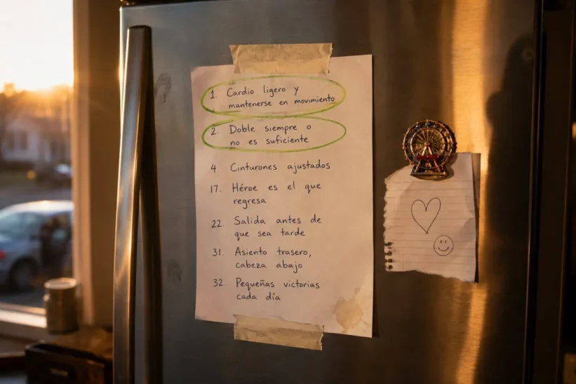 Cartel de reglas escrito a mano y pegado con cinta en la puerta de una nevera