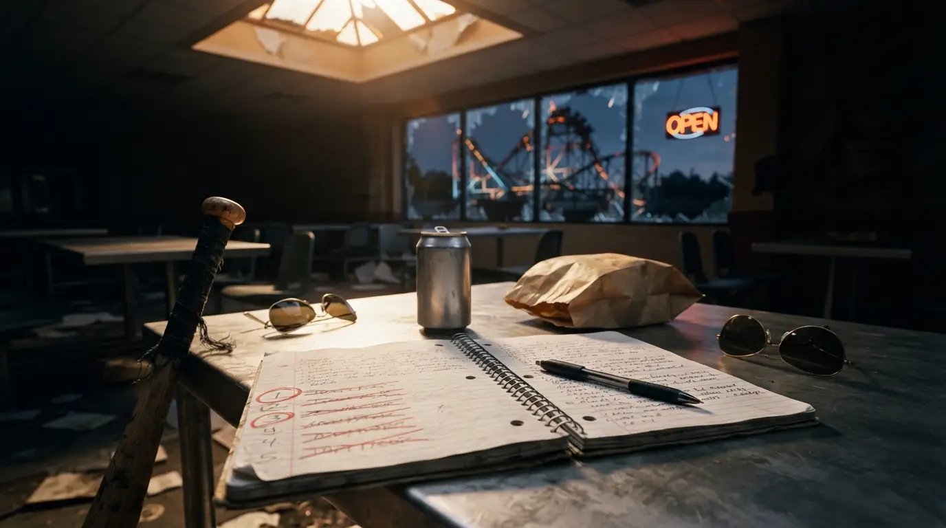 Las reglas de Zombieland numeradas y escritas a mano en una libreta abierta sobre una mesa