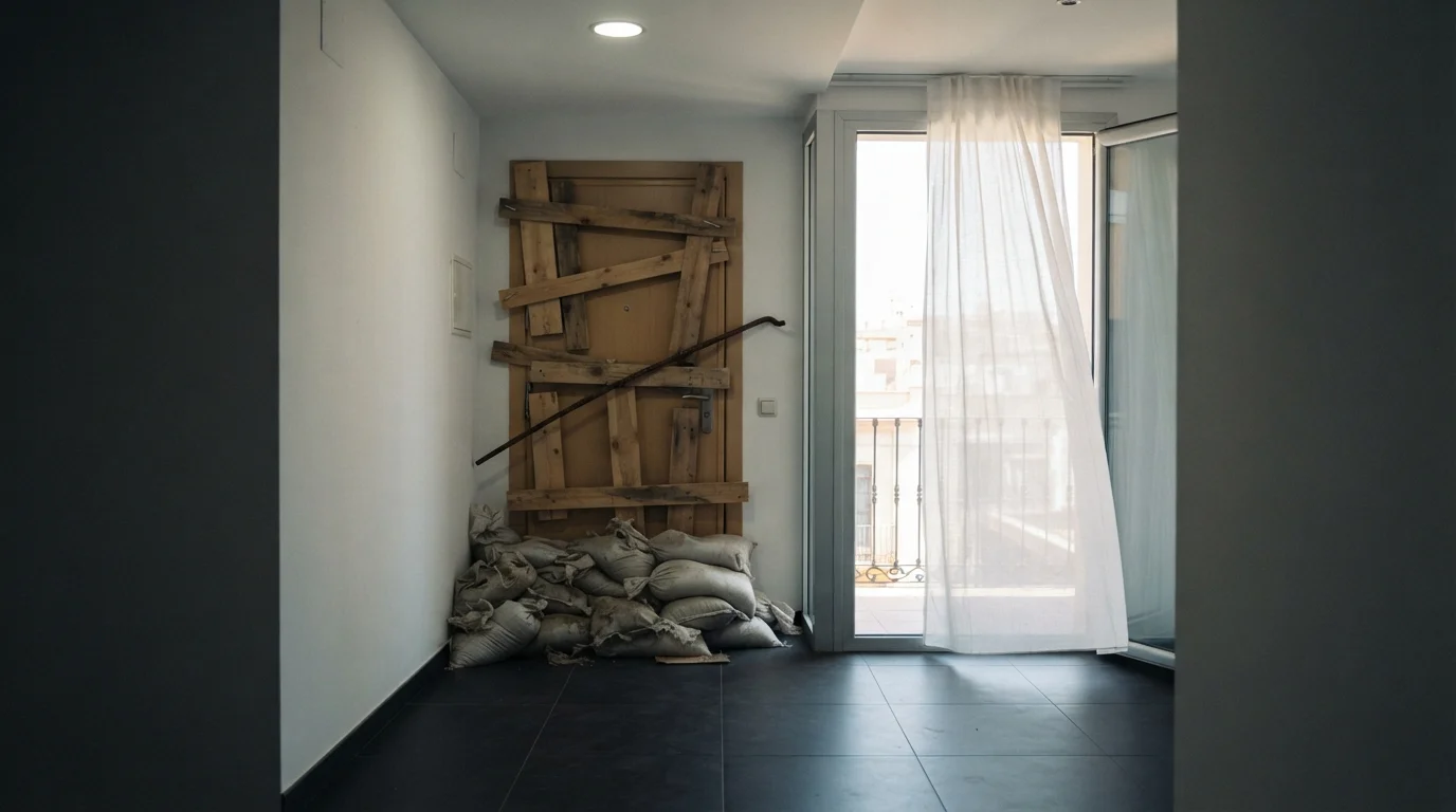 Barricada con sacos y tablones en un piso de ciudad.