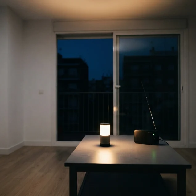 Salón de un piso moderno iluminado solo con un farol LED durante un apagón, con una radio a pilas sobre la mesa