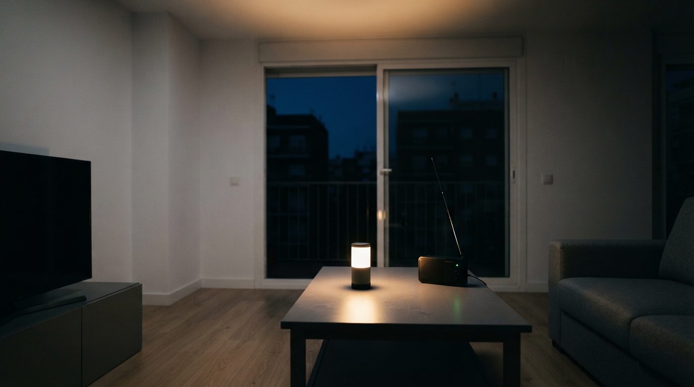 Salón de un piso moderno iluminado solo con un farol LED durante un apagón, con una radio a pilas sobre la mesa