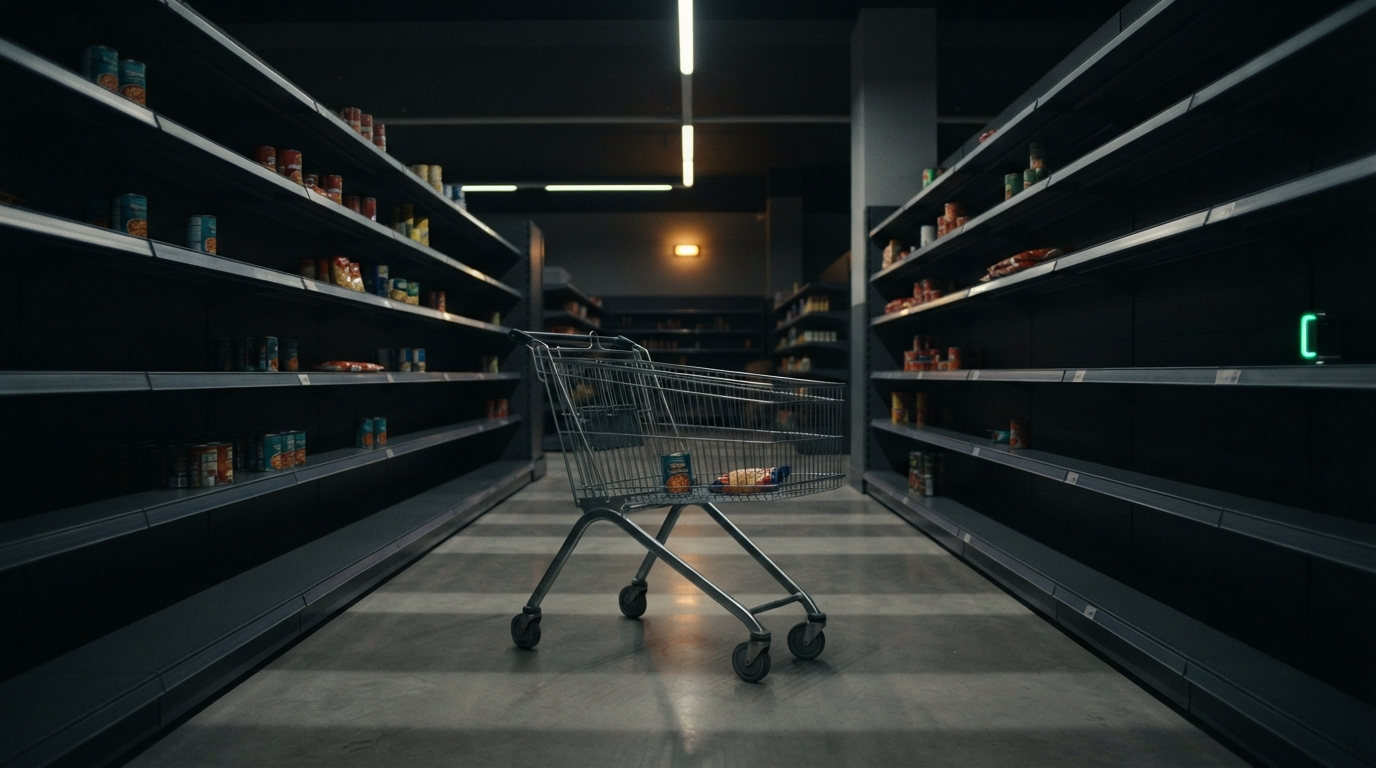 Supermercado urbano con estanterías medio vacías y un carro abandonado en el pasillo