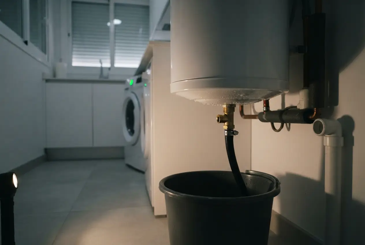 Válvula de vaciado en la parte baja de un termo eléctrico con un cubo debajo